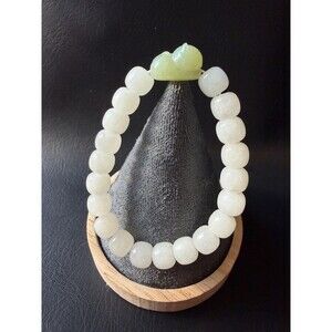 White Icy Jade Barrel Bracelet with Natural Green Jade Cat Charm Untreated Jade